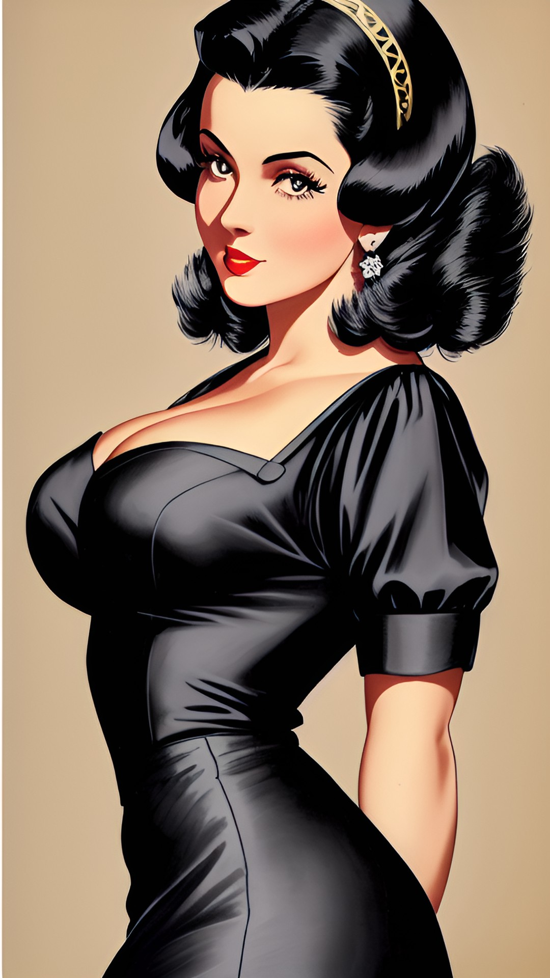 gorgeous woman from the 1940's, black hair, power pose, color image, well-drawn anatomy preview