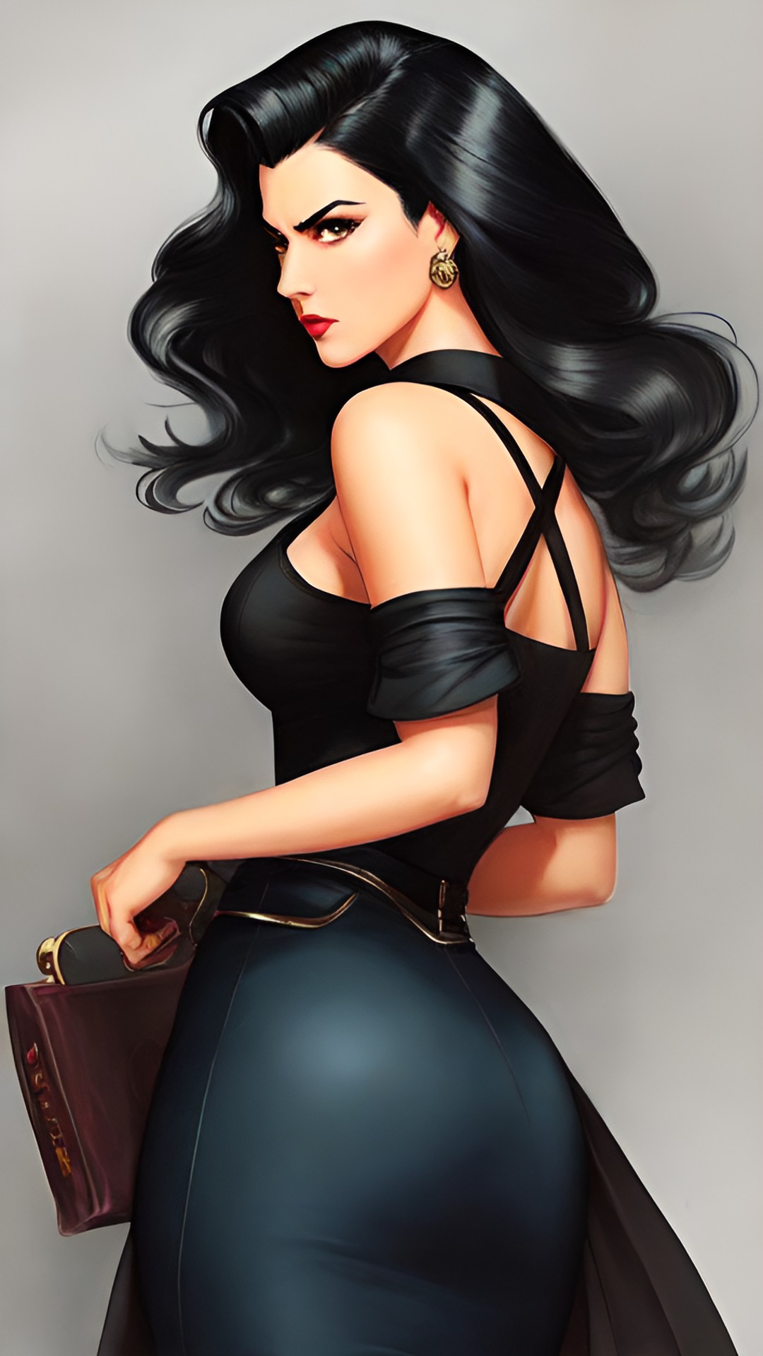 gorgeous woman from the 1940's, black hair, power pose, intimidating, color image, well-drawn anatomy, hyper realistic preview