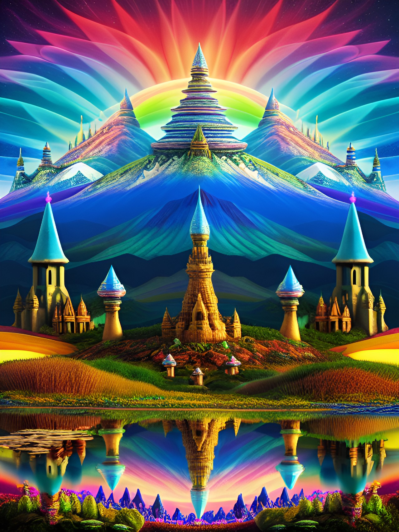 mushroom volcano with sacred geometry castles with large spires, mountains and a pilgrimage, psychedelic and tranquil 8k preview