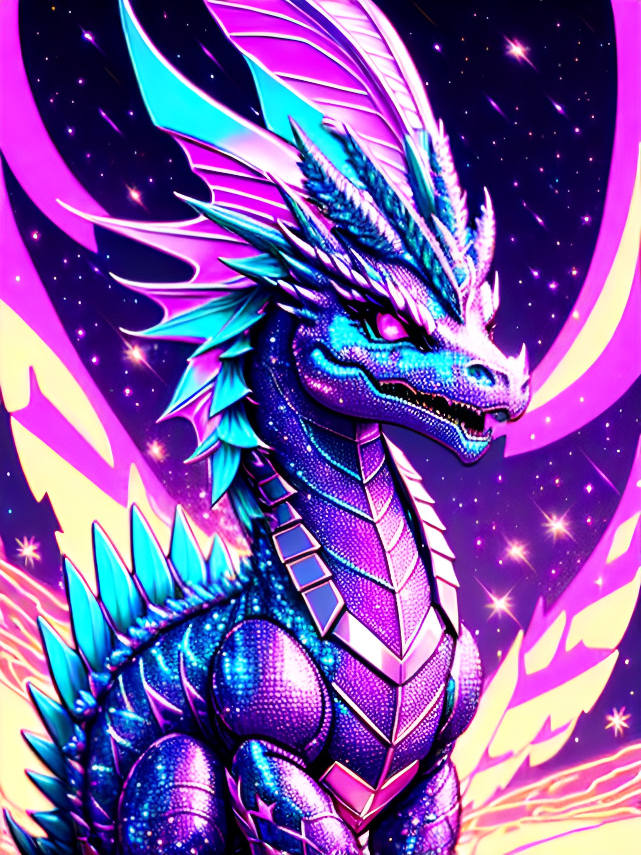 shimmery glitter dragon, neoncore, synthwave, glittercore, highly detailed, no disfigured, no bad anatomy preview