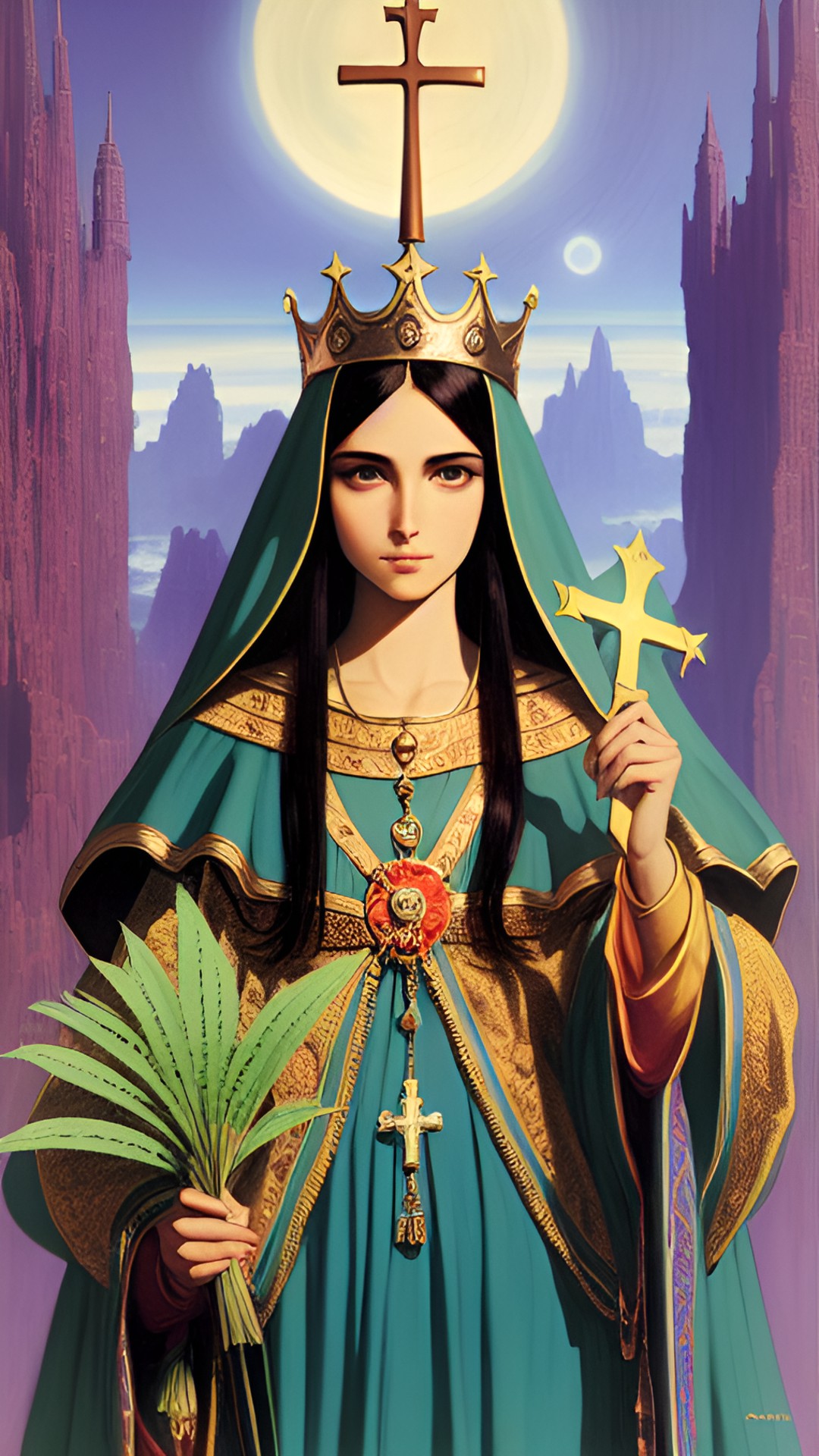 saint venera, virgin and martyr, wearing a crown, holding a small palm leave and a small cross in her hand, highly detailed, fantasy art preview