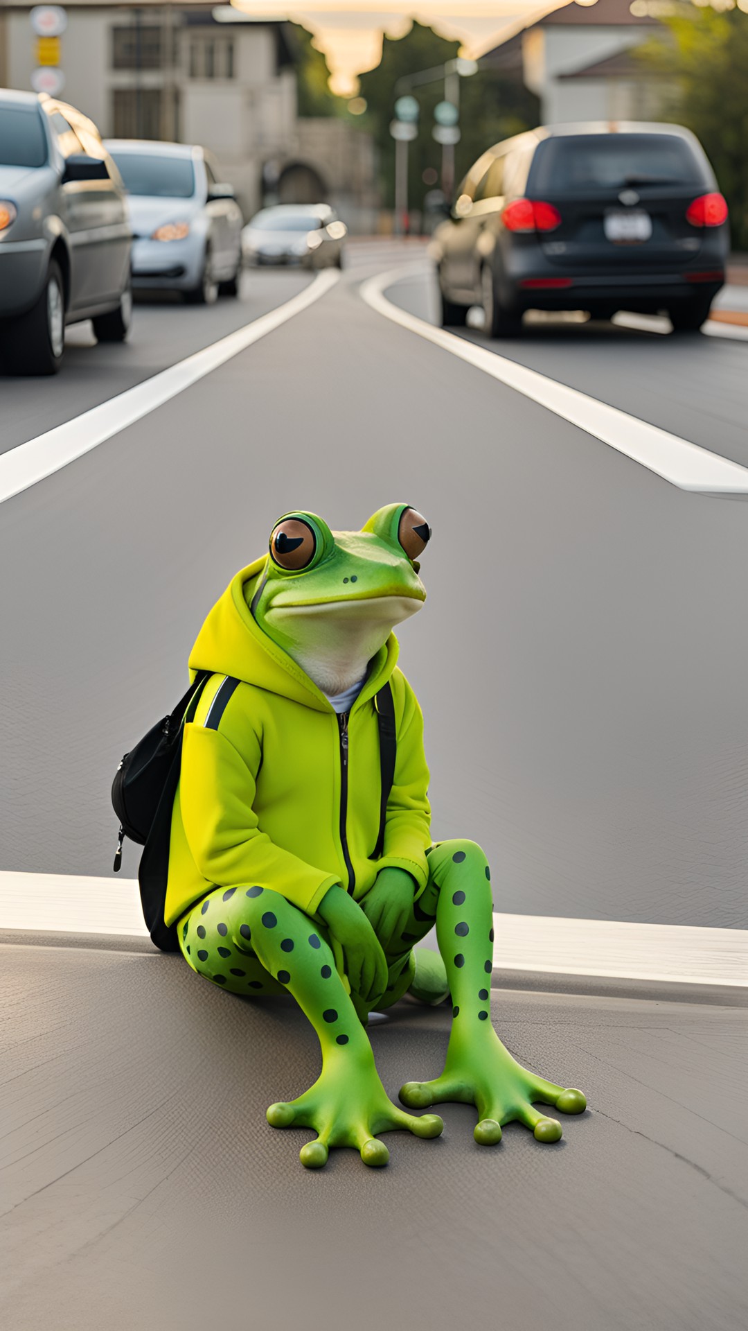 frog in a track suit waiting to cross the street preview