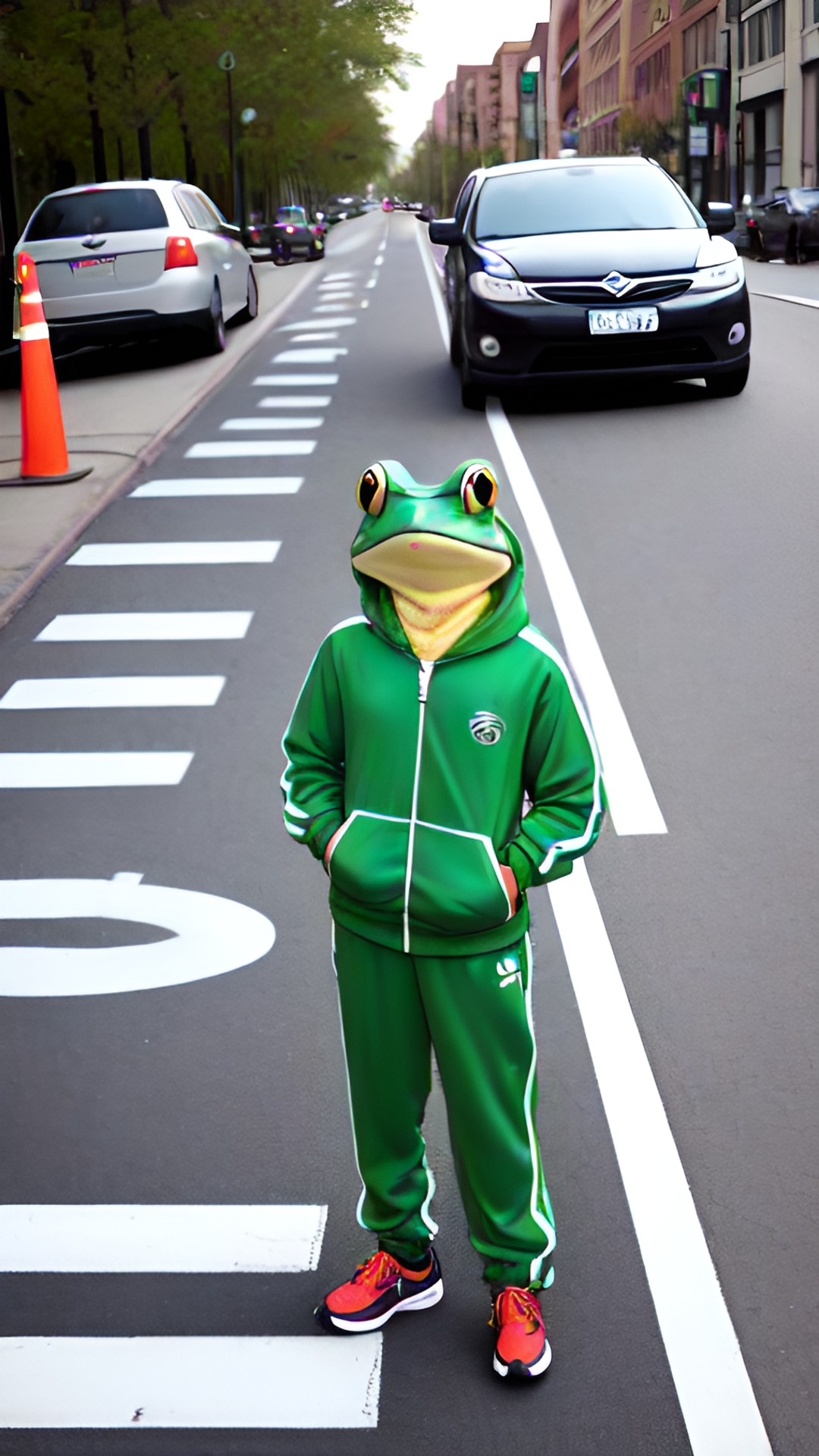 frog in a track suit waiting to cross the street preview