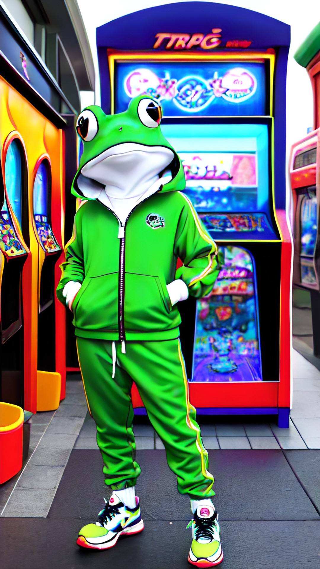 Wednesday, my dudes - frog in a track suit loitering outside an arcade preview