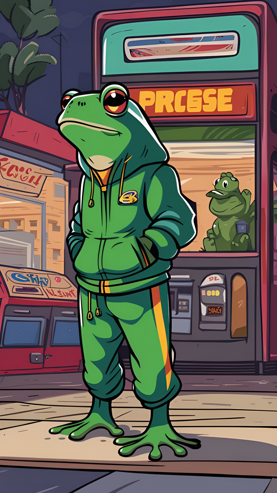 Wednesday Again - frog in a track suit loitering outside an arcade preview