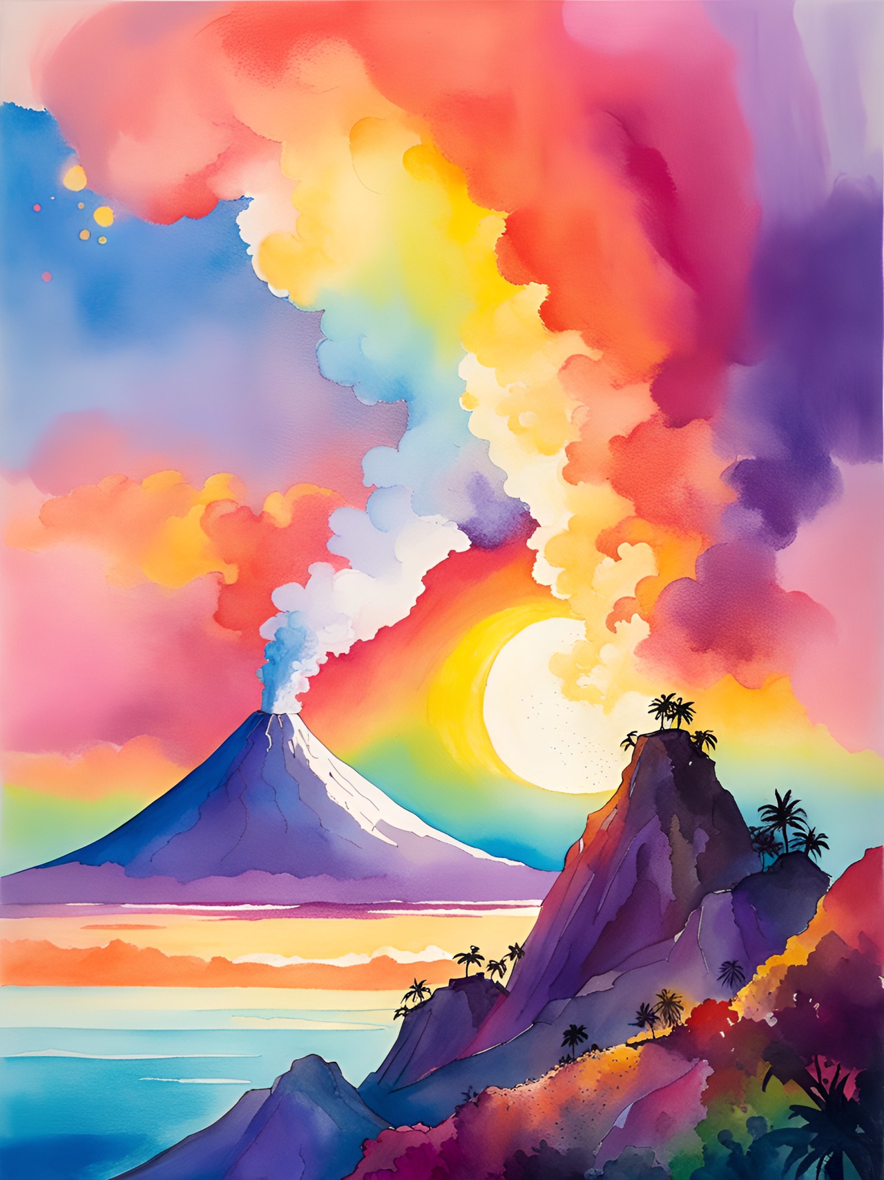 rainbow volcano erupting, sunset preview