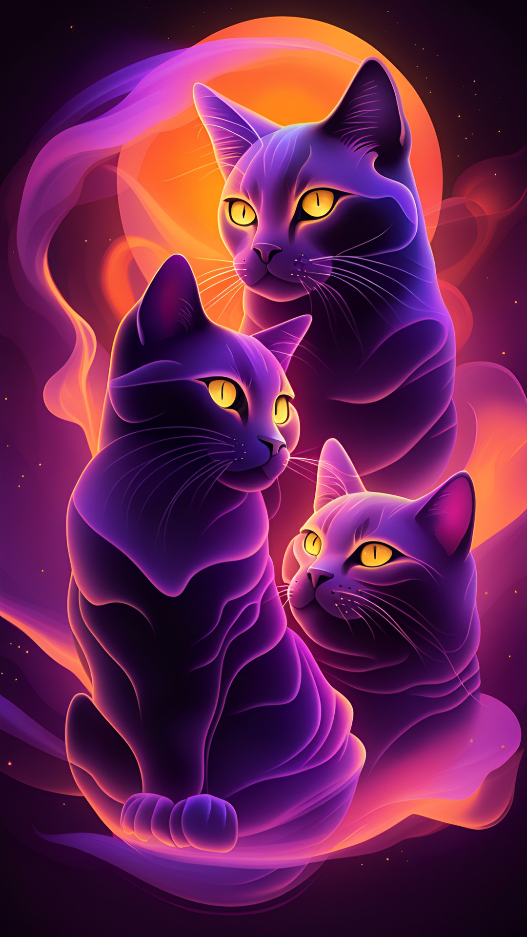 purple and plum tabby cats, orange sunset background, orange smoke preview