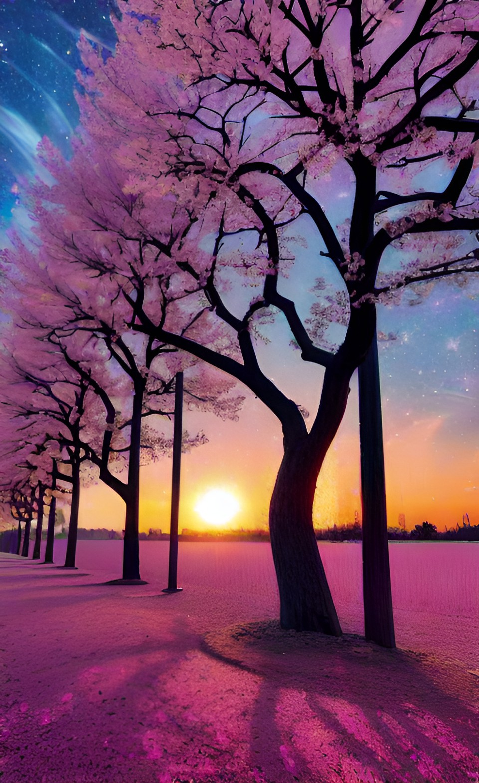 pink sunset with rainbow trees and an orange sun with a starry night sky above preview