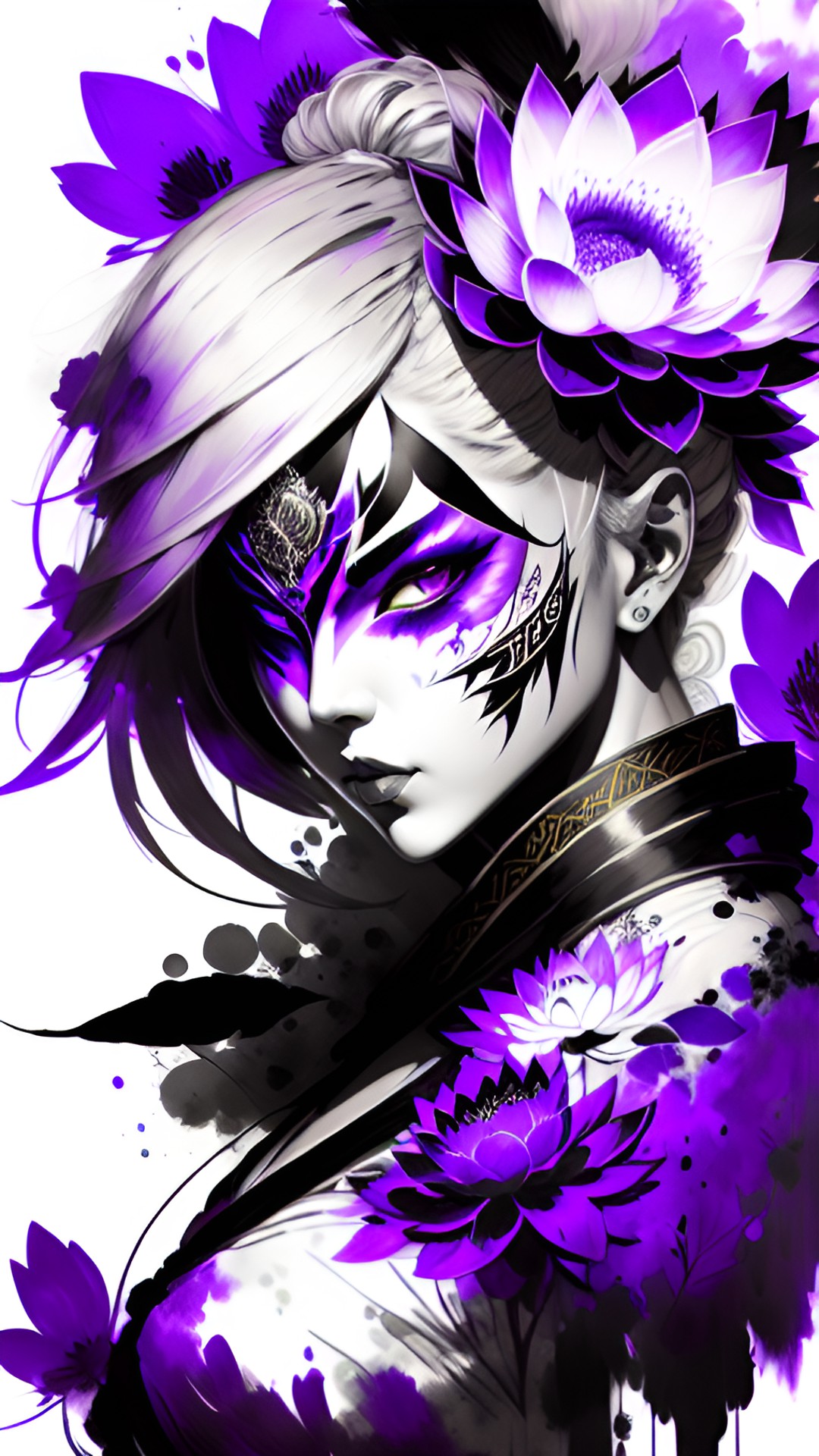 blonde martial arts woman with masquerade kitsune mask on face and lotus flower. purple. preview