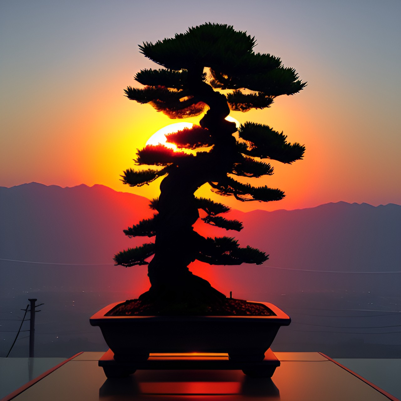 bonsai mit samurai im sonnenuntergang cyberpunk stil preview