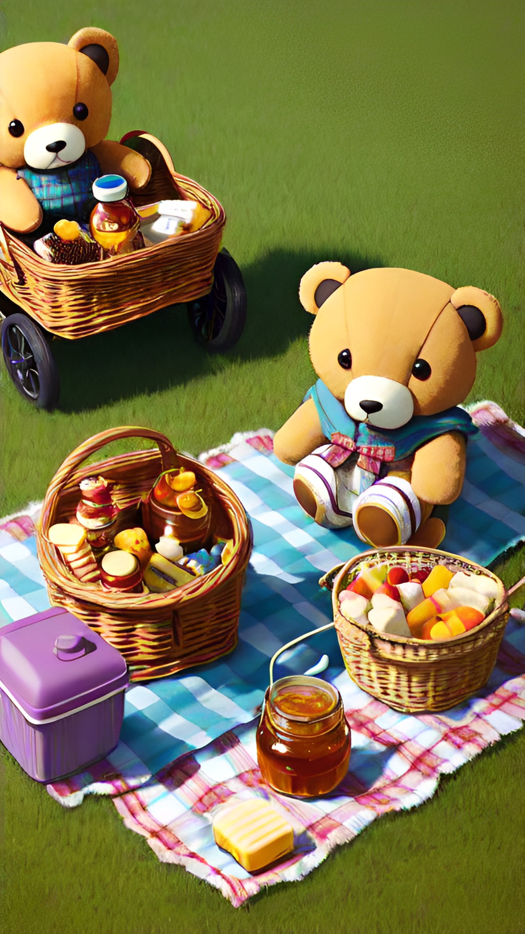 Teddy Bear Picnic - teddy bears sitting together on a blanket on a lawn. they have a picnic basket and a jar of honey. preview