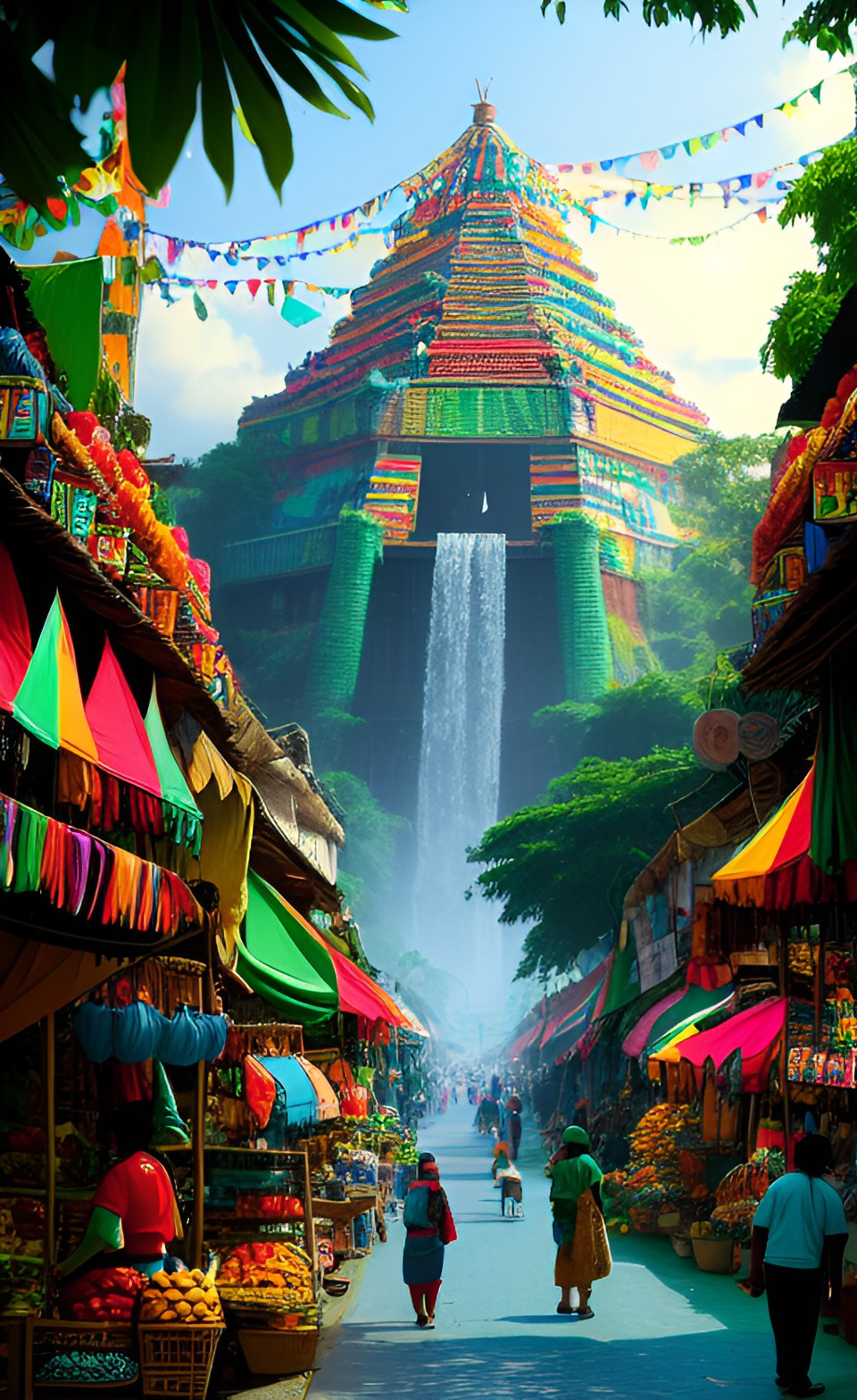 Remix - Aztec City - jungle valley with people in market and aztec pyramid  - jungle valley with people in market and aztec pyramid. the people are selling colorful goods in the market and the pyramid looms in the background preview