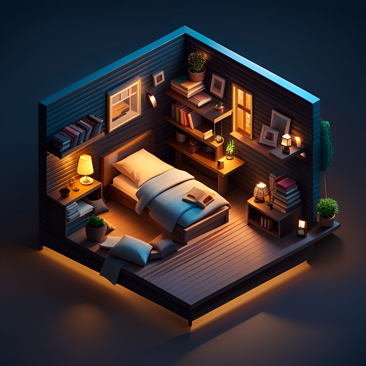 cute isometric open loft miniature, night lights, comfy reading nook preview