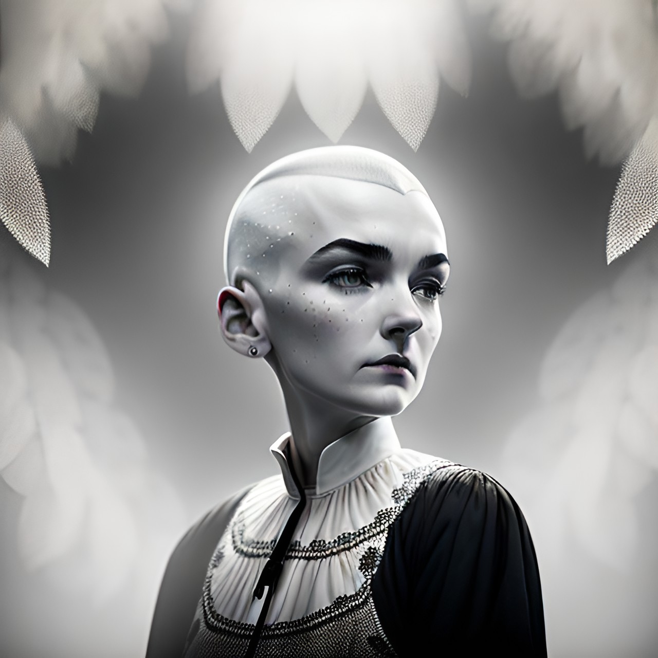 falling white feathers surround sinéad o’connor, beginning to grow tiny wings, with shaved head, in a single spotlight, tearing up at a huge microphone, alone, on a dark stage. preview