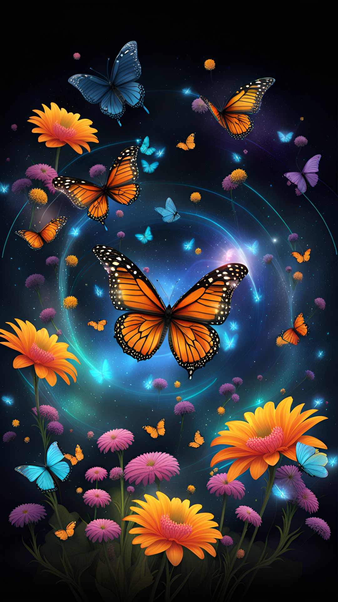 butterflies flying gracefully around a pasture of flowers preview