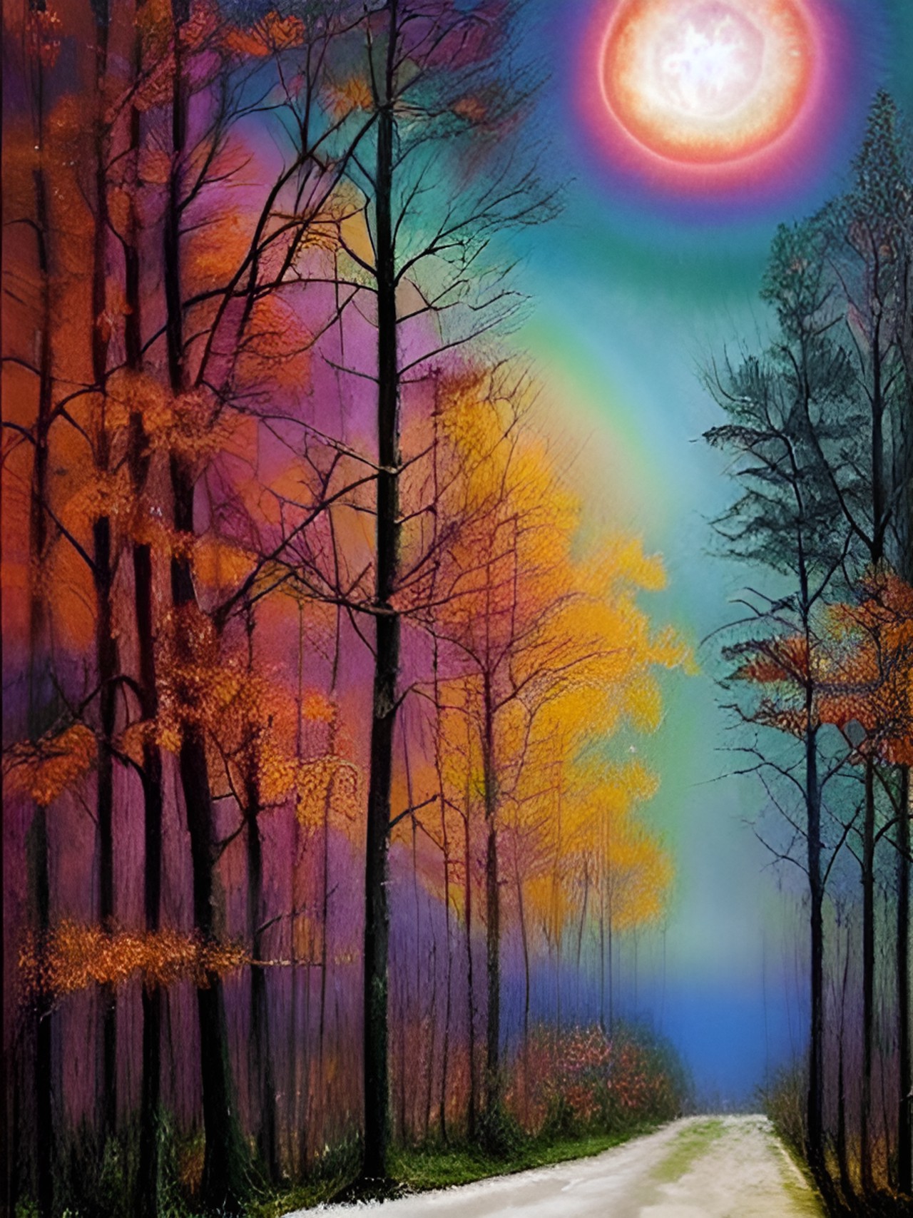 pink sunset with rainbow trees and an orange sun with a starry night sky above preview