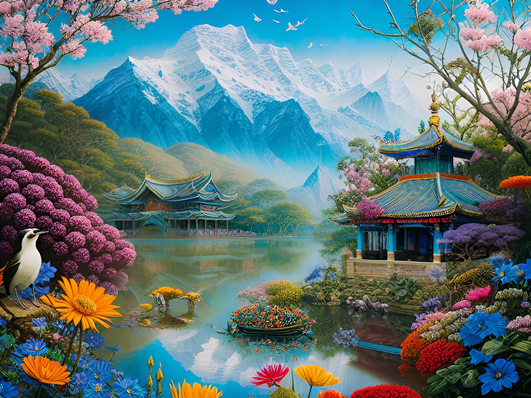 asia in the spring with mountains and flowers all around preview