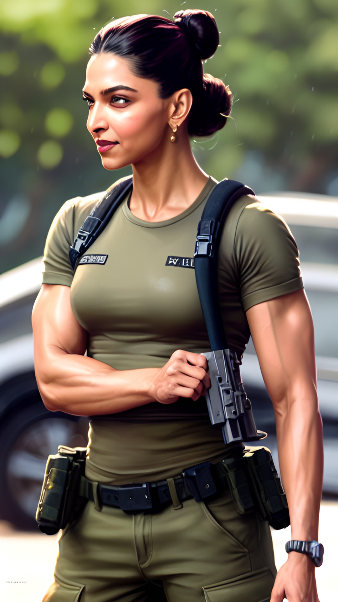 flexing buff biceps, too muscular deepika padukone, in soldier costume, ponytail hairstyle preview