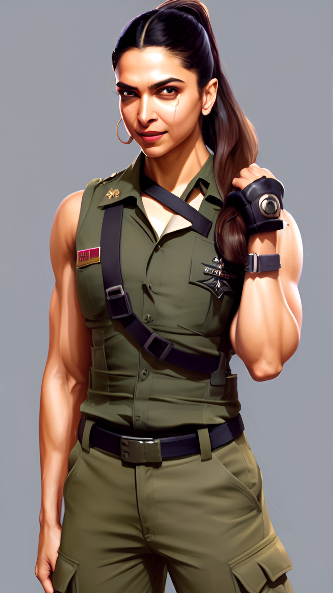 flexing buff biceps, too muscular deepika padukone, in soldier costume, ponytail hairstyle preview