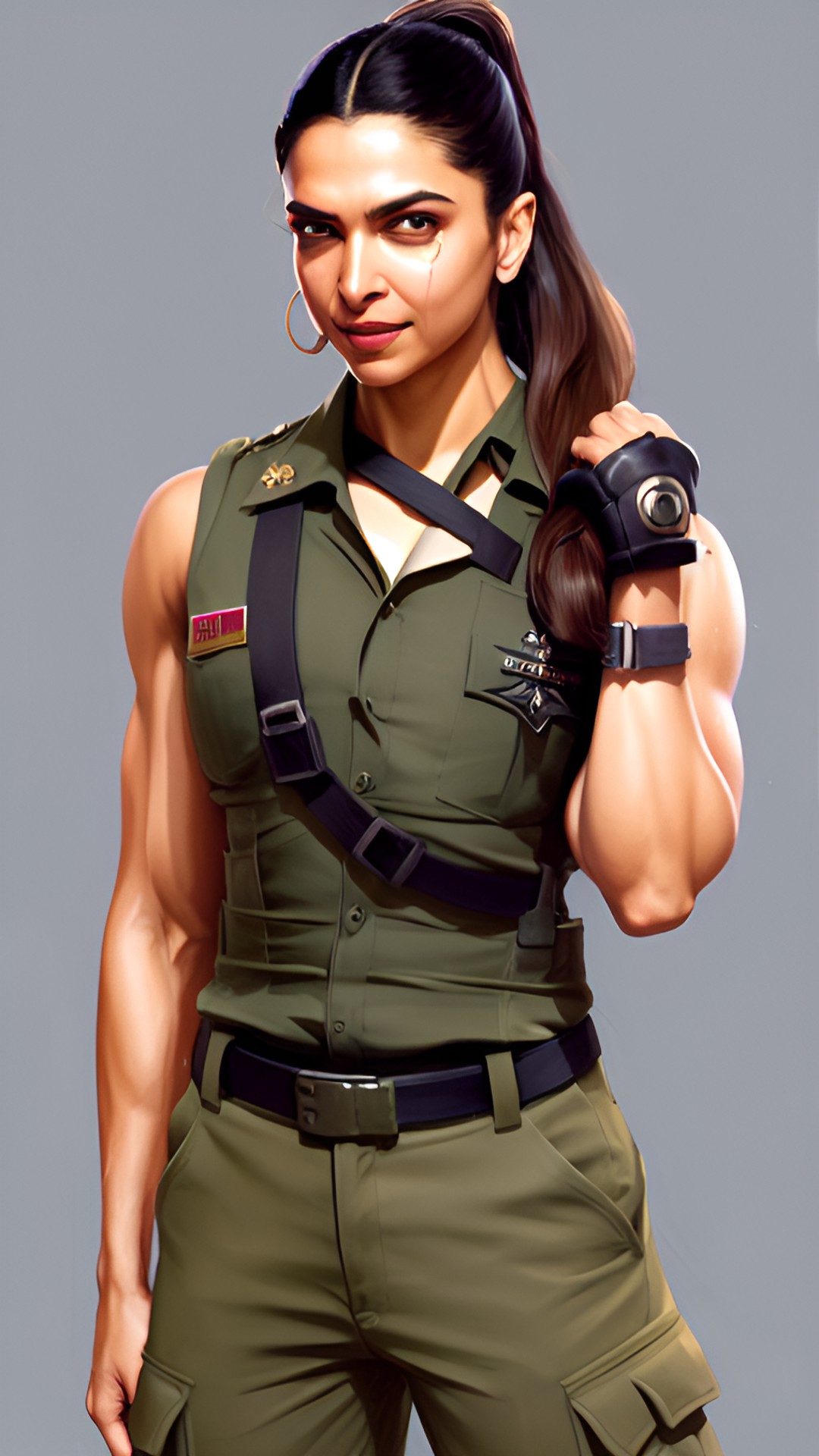 flexing buff biceps, too muscular deepika padukone, in soldier costume, ponytail  hairstyle preview