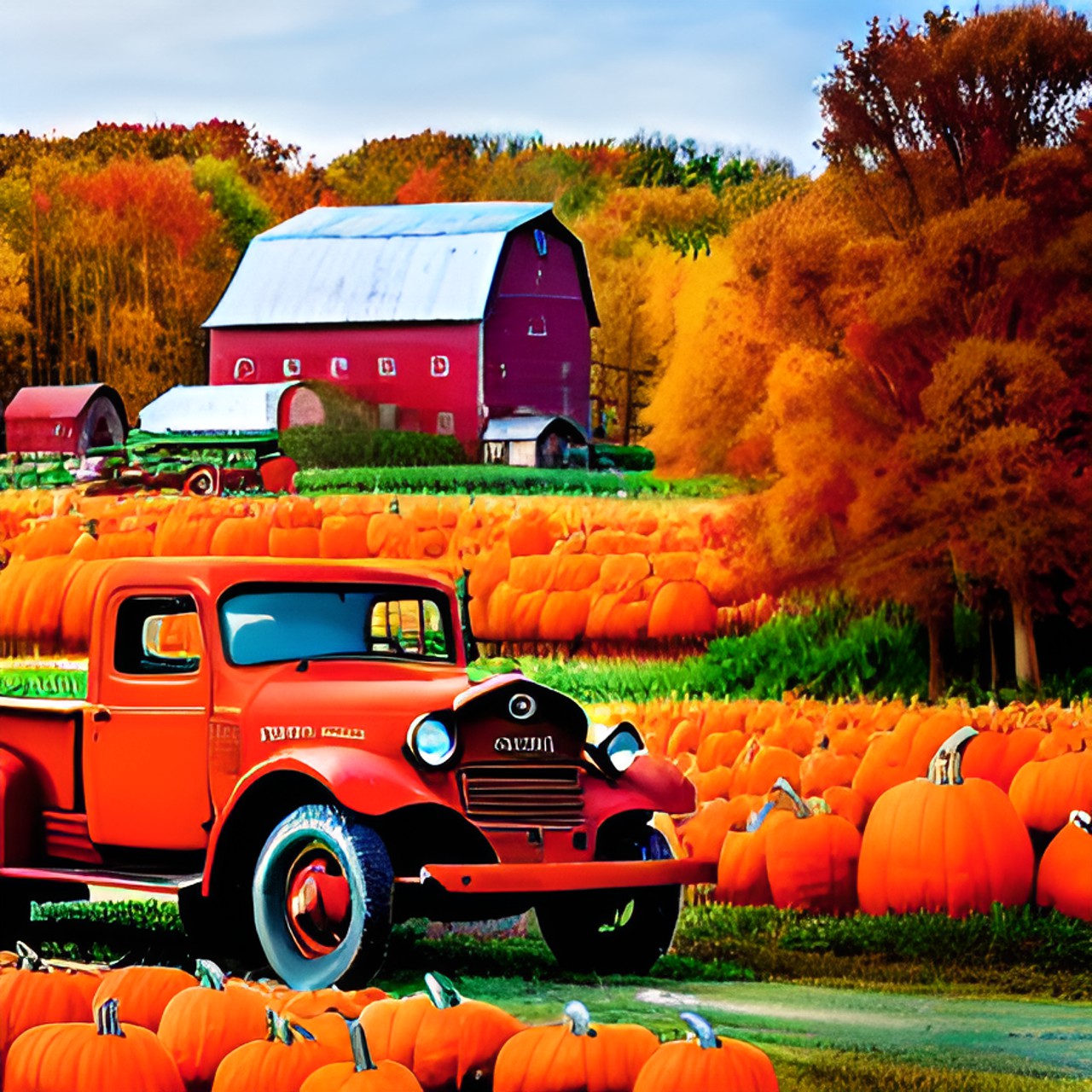 Pumpkin time - old time red truck with pumpkins in the bed, corn stalks in the field on a farm with old barn in the back in the autumn preview