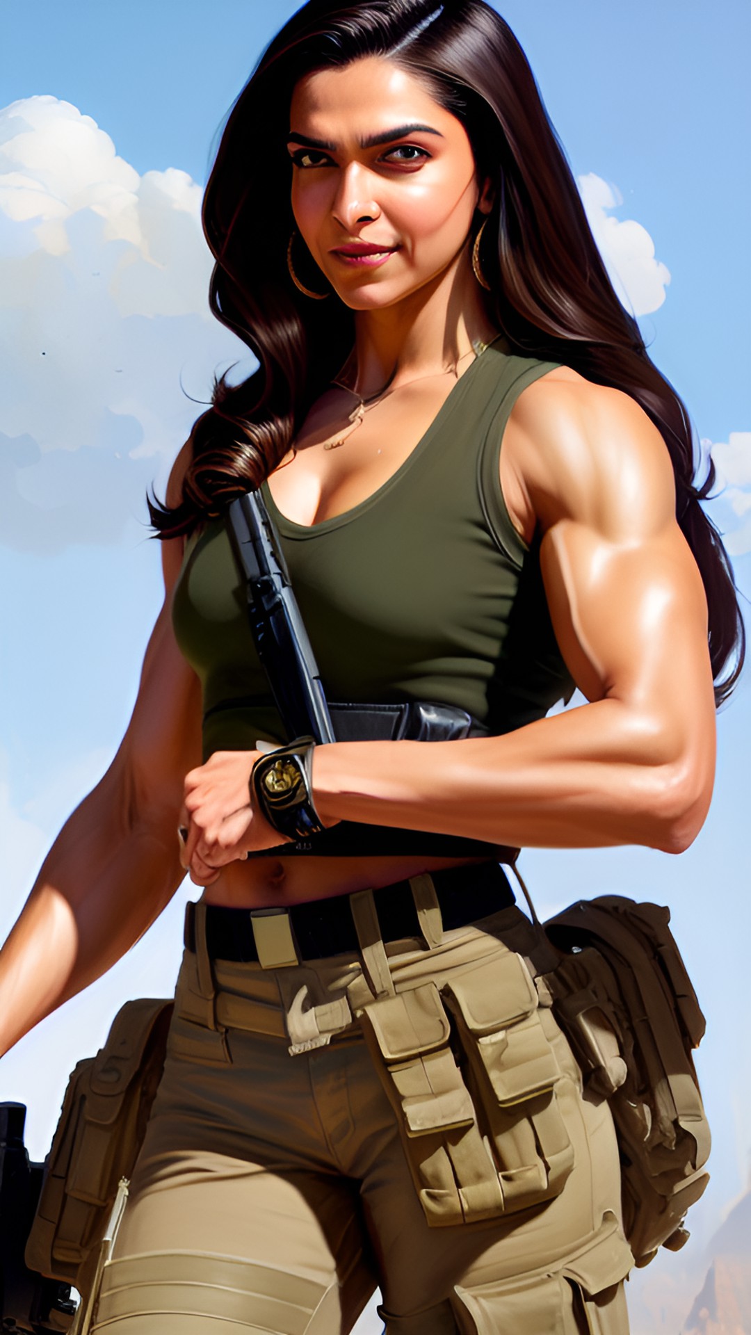 flexing buff biceps, too muscular deepika padukone, in soldier costume, ponytail hairstyle preview