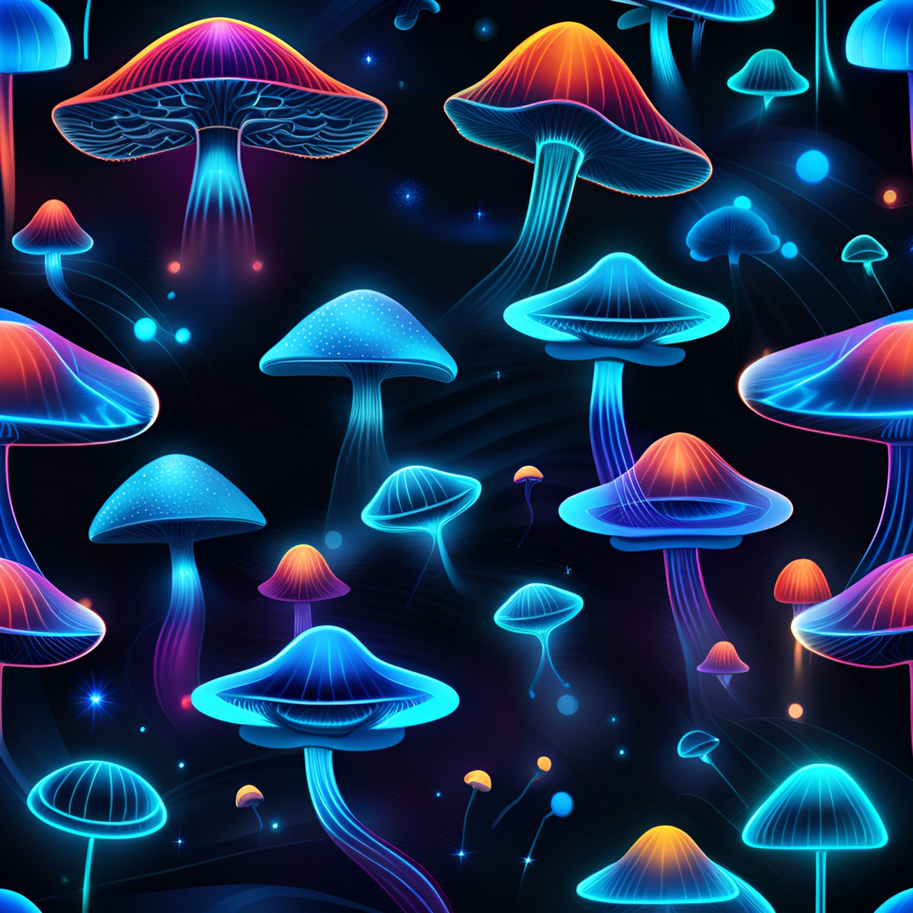 magic mushrooms, light blue, neon light, dark background, shiny preview