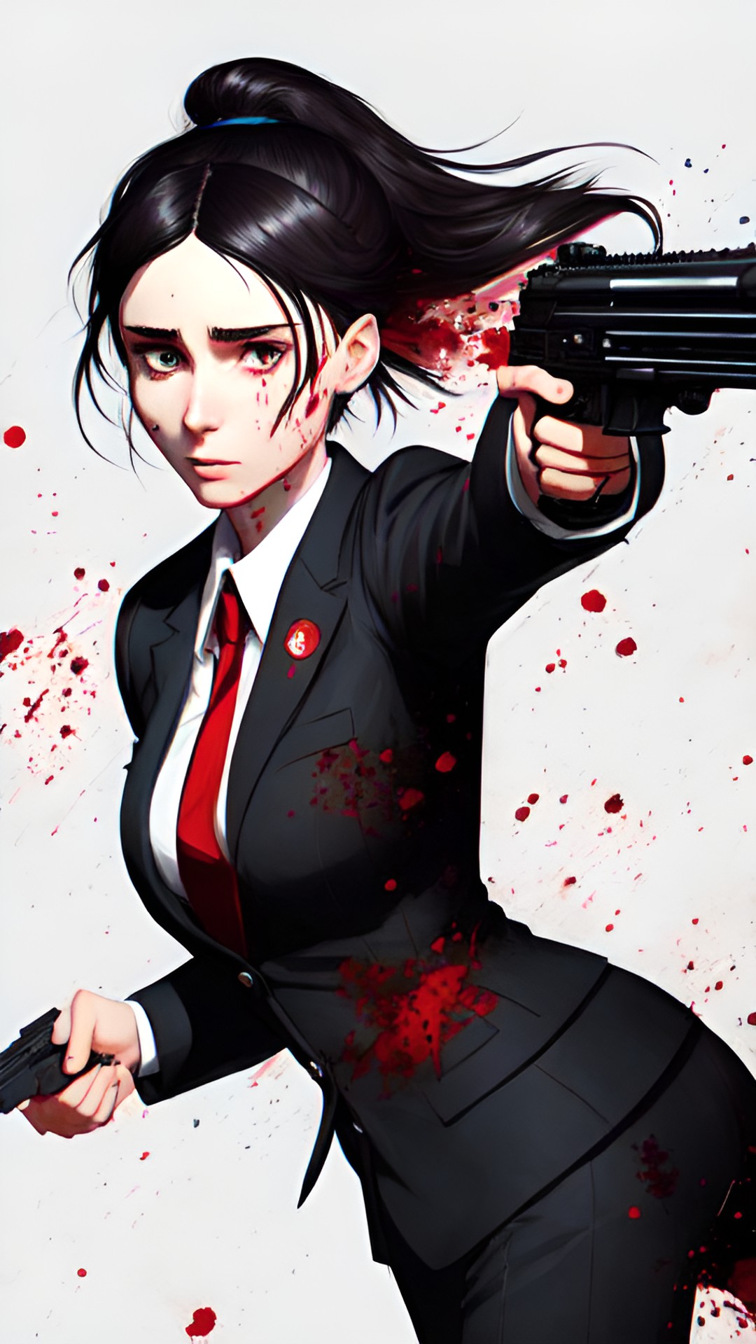 Lady Hunter 3 - stanley artgerm.2.5d anime. 
rooney mara, wearing a businesslike suit and wielding a guns, blood splattered on her face. preview