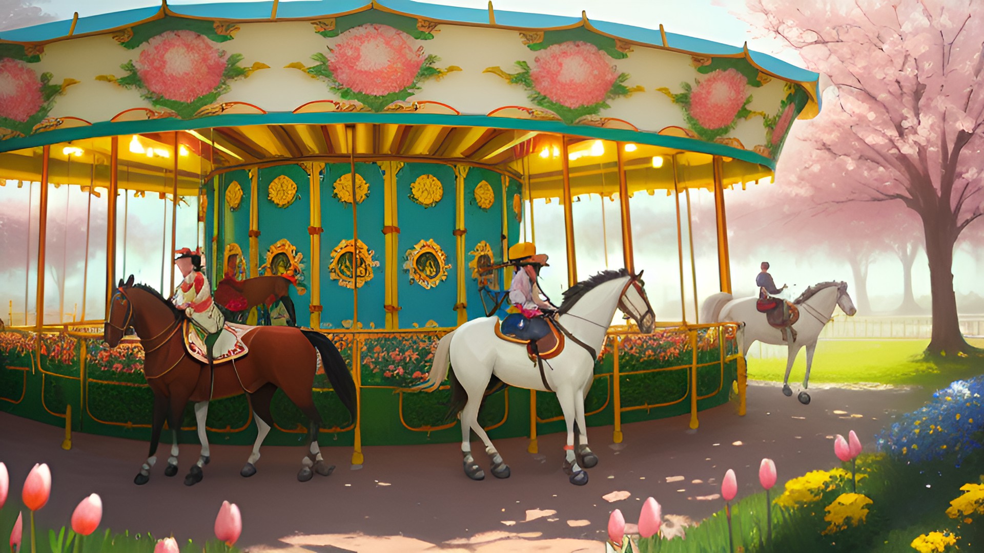 Carousel - a carousel merry-go-round with horses in a park with flowers. preview