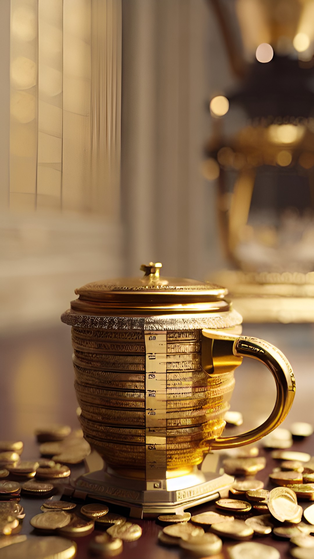 The Golden Espresso - a cup of coffee on an old set of scales being measured with gold coins preview