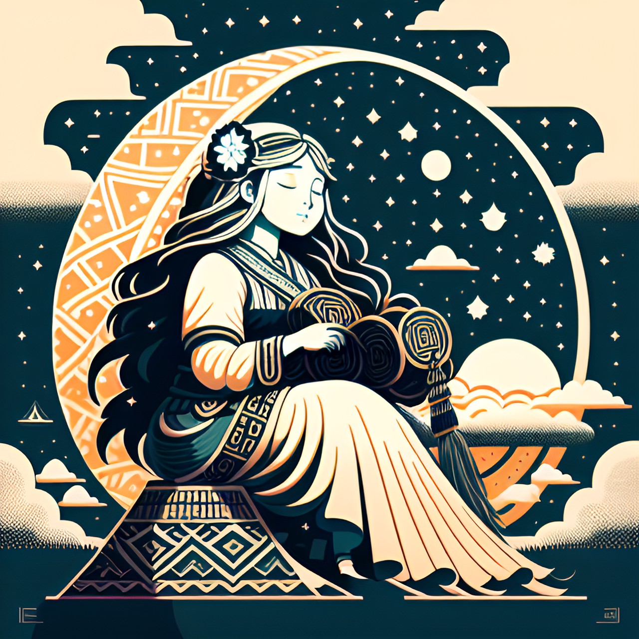 finnish goddess of dreams, terhikki from kalevala, is weaving cloth with traditional loom. she is sitting on top of the clouds. preview