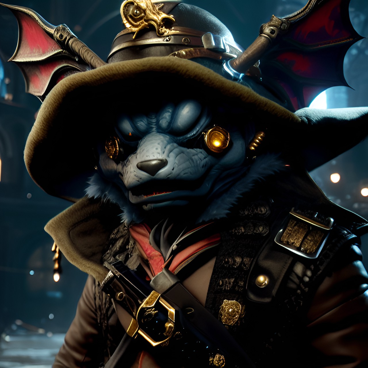 a fantastical musteline draconic lagomorphic goblinoid kobold creature with golden eyes in a bloodborne-style cyberpunk lawman cop armed with an epic iconic comrade's hammer revolver fully garbed in a full bloodborne forgotten madman clothing set preview