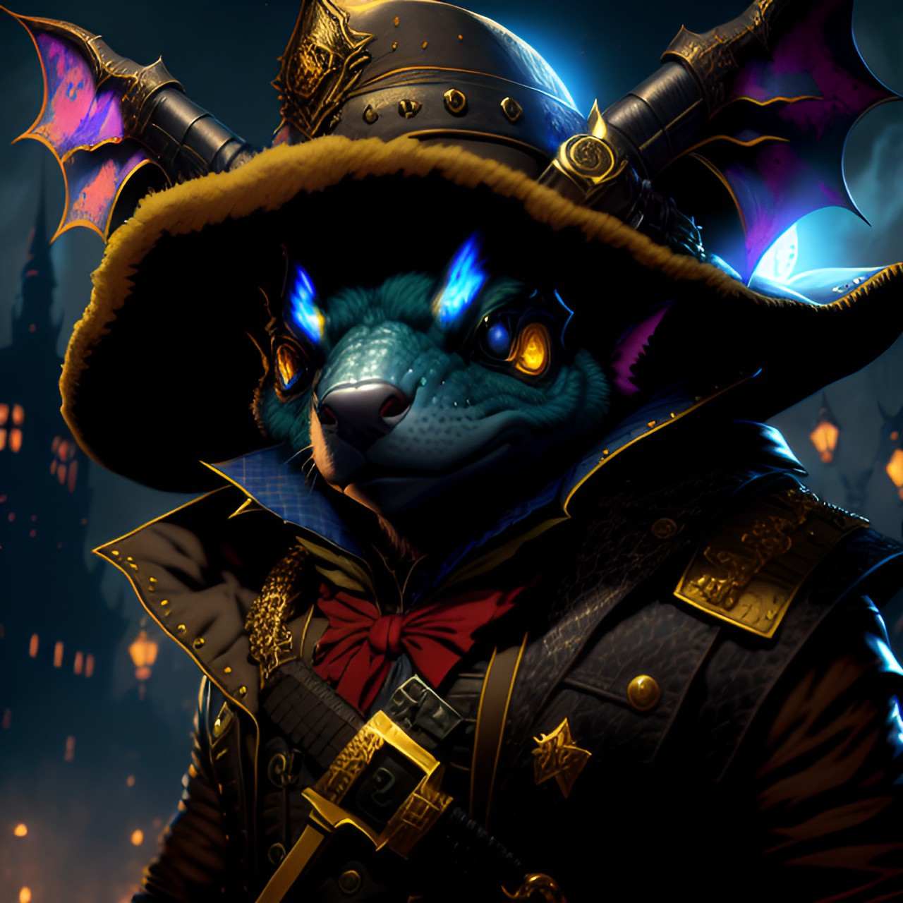 a fantastical musteline draconic lagomorphic goblinoid kobold creature with golden eyes in a bloodborne-style cyberpunk lawman cop armed with an epic iconic comrade's hammer revolver fully garbed in a full bloodborne forgotten madman clothing set preview