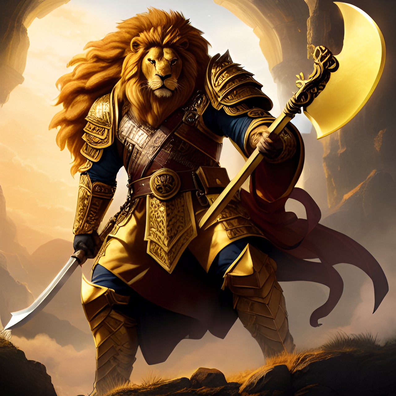 a large lion man with a golden lion’s mane, wielding a large battle axe in his hands, in a fantasy setting. preview