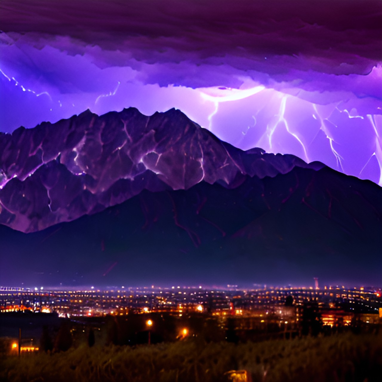 one large, horizontal lightning bolt with dark clouds in the upper background and mountains in the lower background. preview