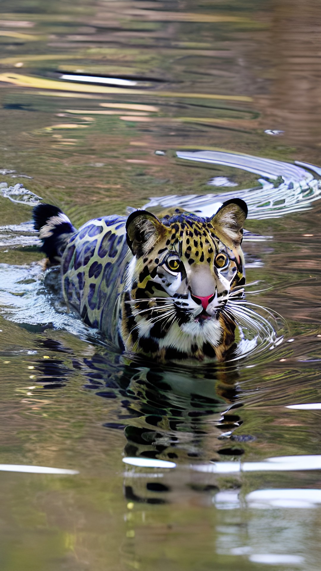 Leopard - a clouded leopard swimming in a lake to catch fish preview