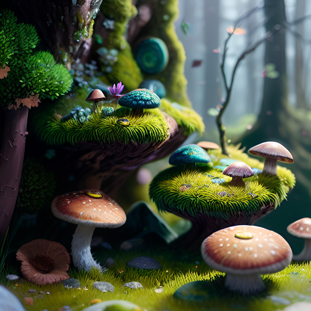 moss, rocks, mushrooms, and plants preview