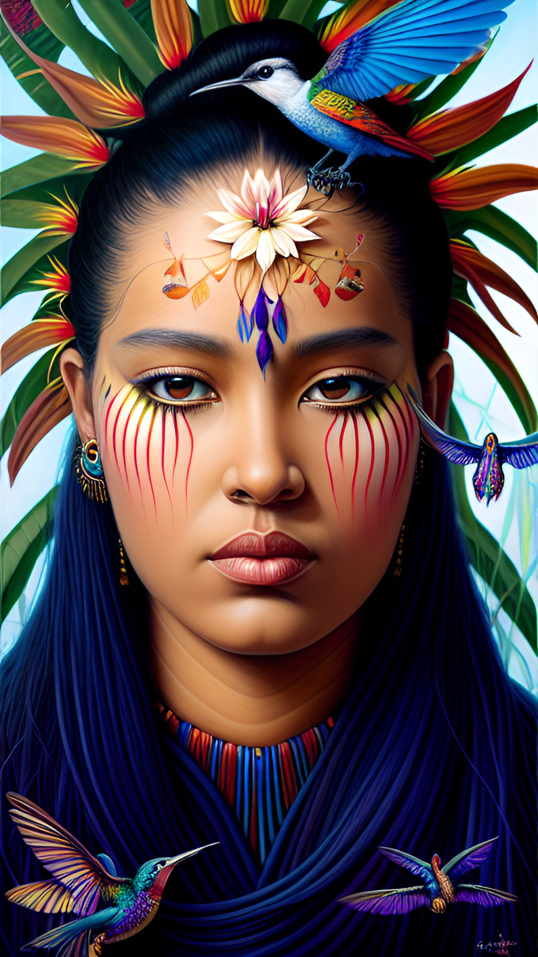 My Sisters Keeper - exotic native american warrior with bird of paradise flowers and hummingbirds preview