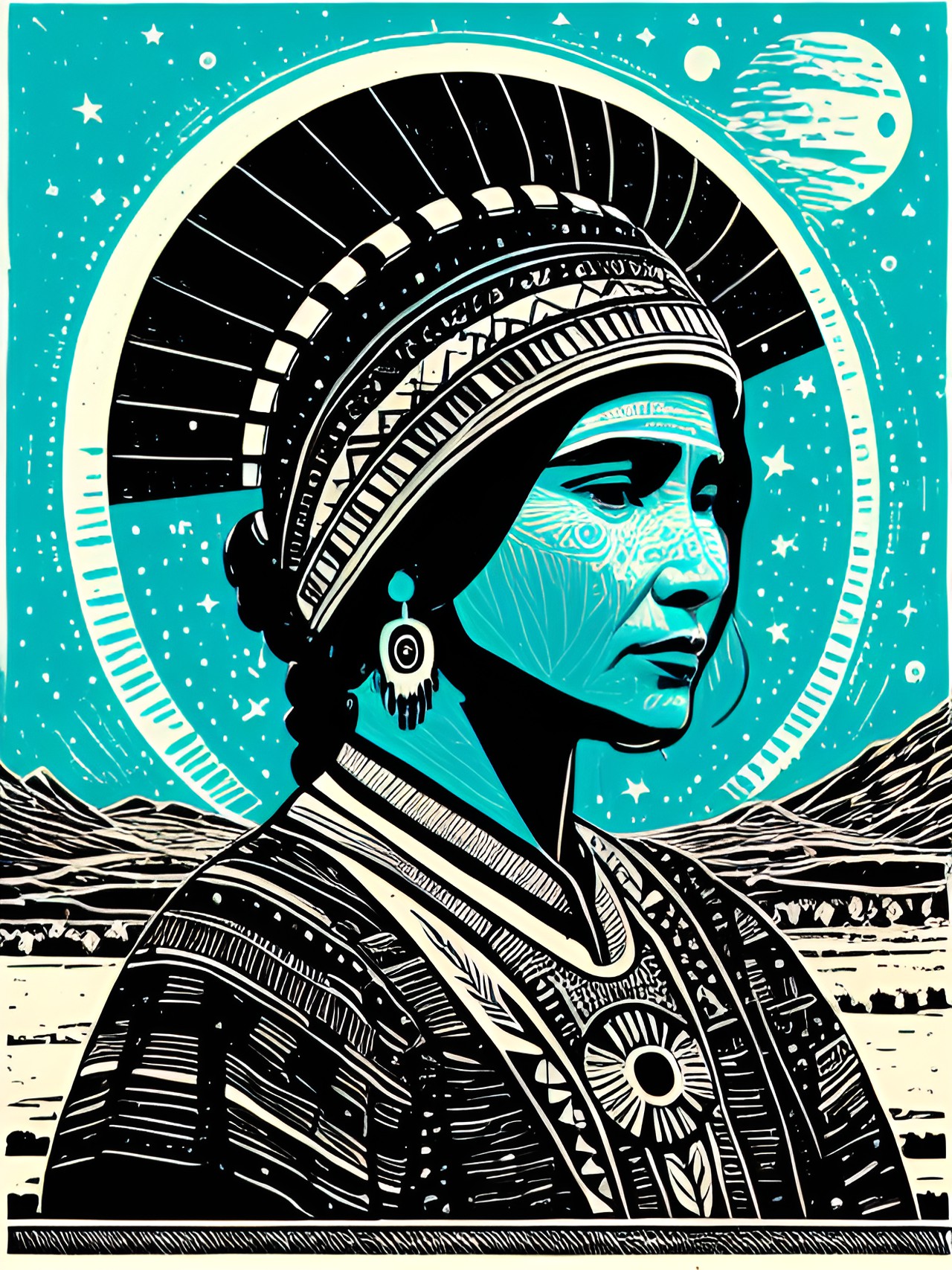 earth mother as part of landscape, native american woman, small ufo in the sky preview