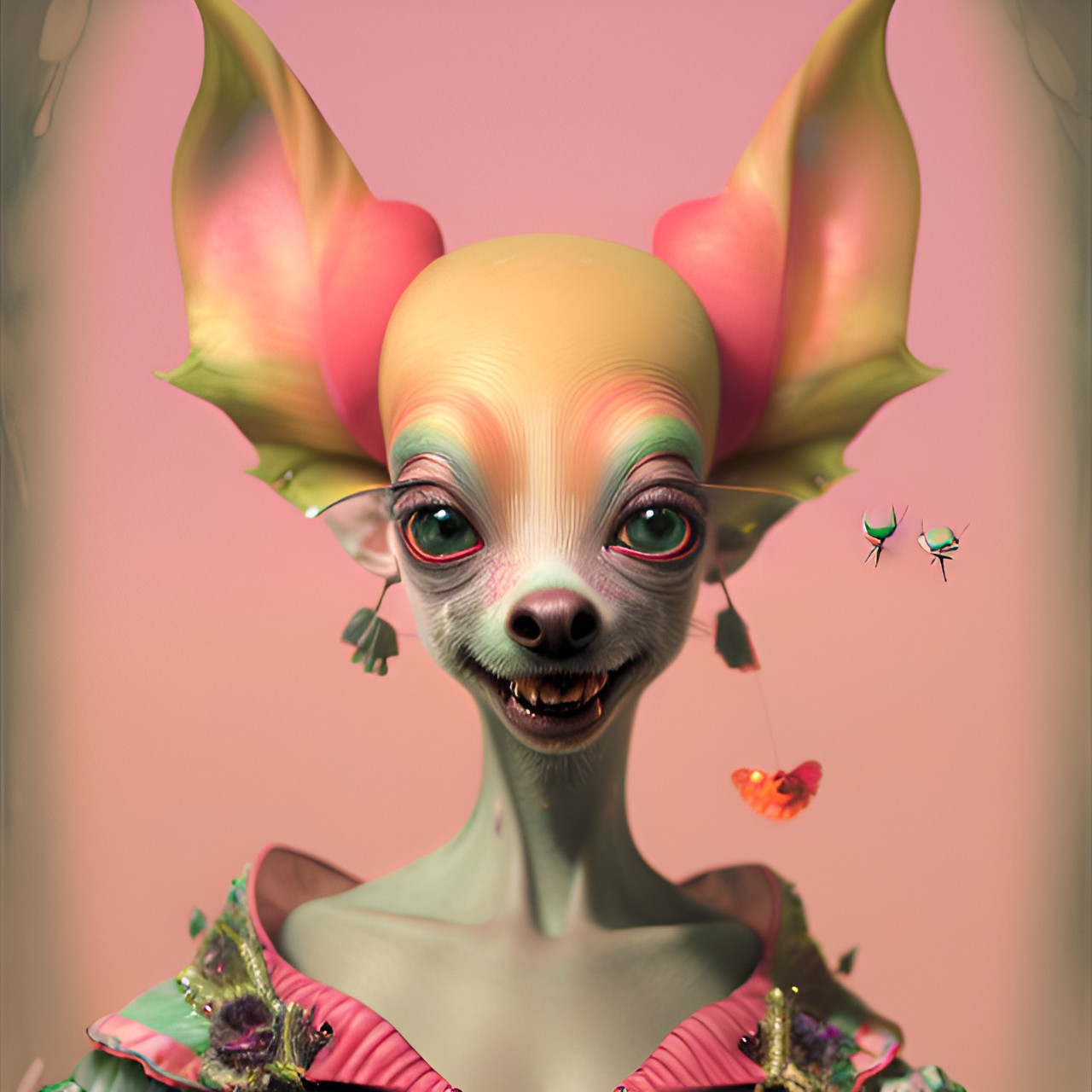 ray caesar, ugly alien portrait, closeup, tim burton’s animation style. dynamic composition dog hair magical, ethereal, surreal, attractive, smile, harlequin, handdoll, venetian carnival, smooth, low contrast, sharp focus, studio lighting, finished, ultra detail $human$ preview