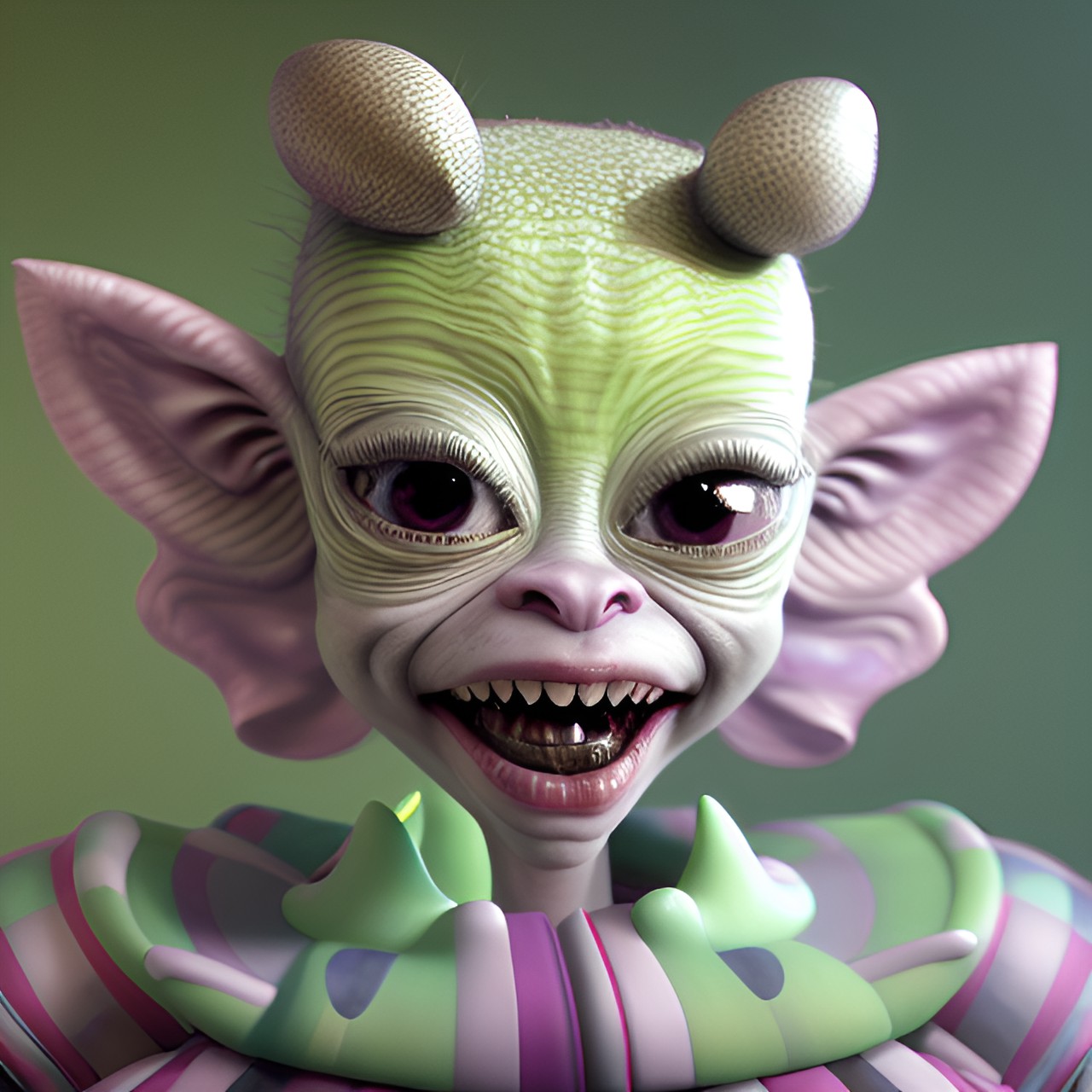 ray caesar, ugly alien portrait, closeup, tim burton’s animation style. dynamic composition dog hair magical, ethereal, surreal, attractive, smile, harlequin, handdoll, venetian carnival, smooth, low contrast, sharp focus, studio lighting, finished, ultra detail $human$ preview