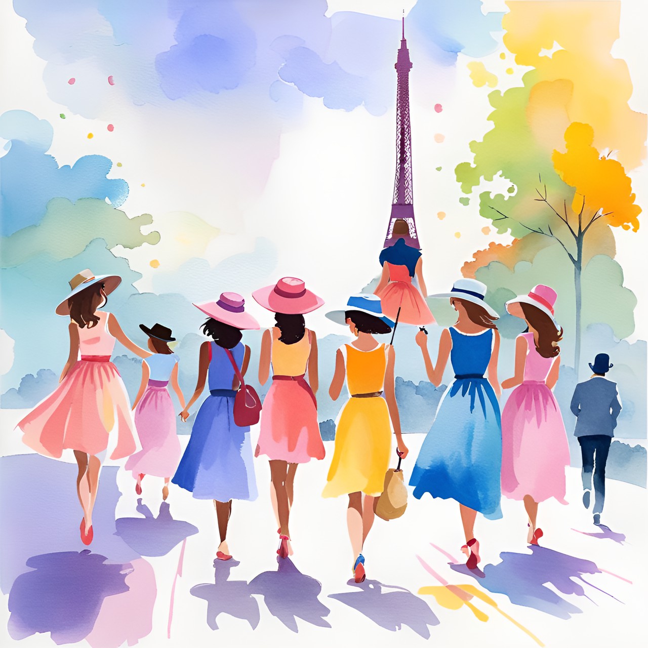 unas niñas pasean por paris - unas niñas pasean por paris en una hermosa tarde de verano. llevan bonitos vestidos y sombreros, y se paran para tomar una selfie en frente de la torre eiffel. preview