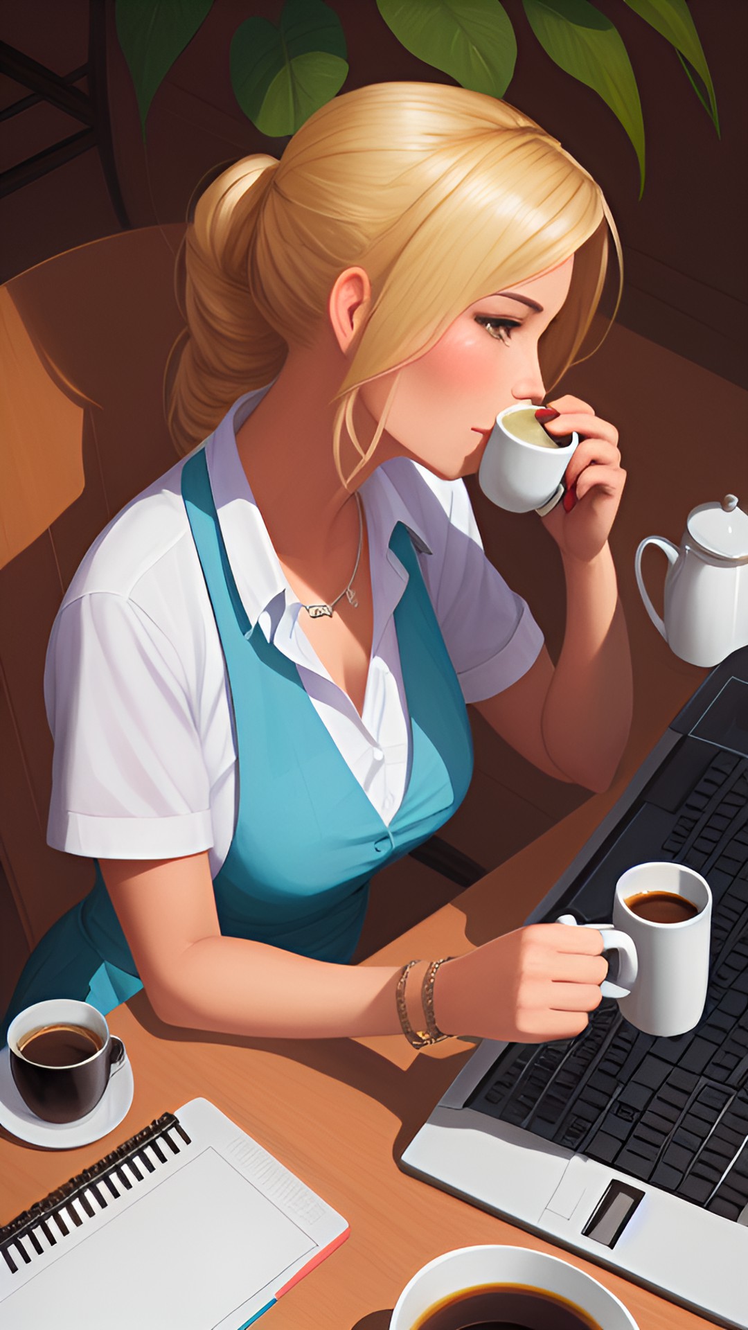 Espresso Success-o - blonde woman drinking coffee as she works at a computer preview