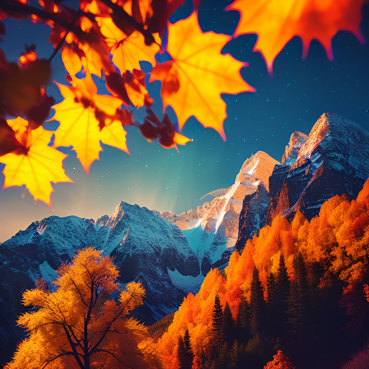 glowing cold feathery light night time mountains with autumn leaves and flowers preview