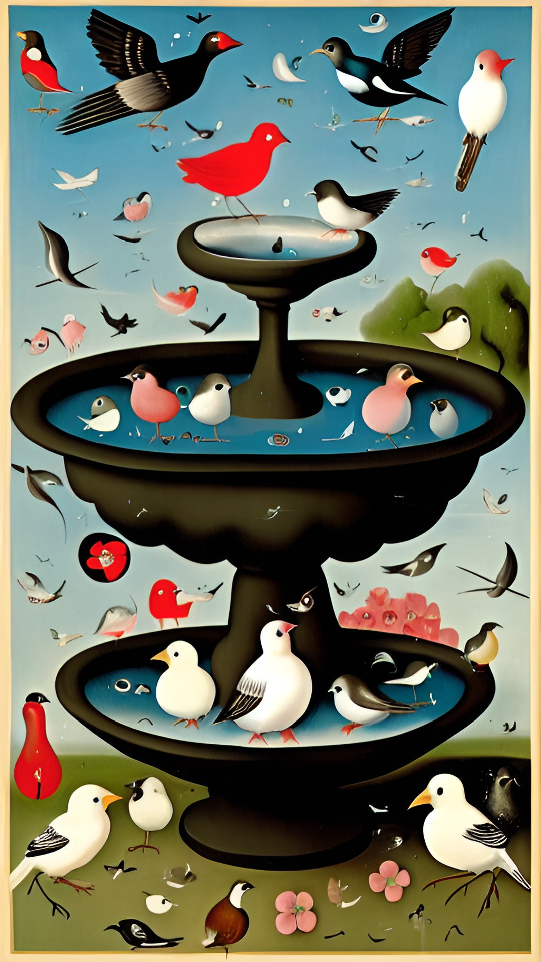 birds happily splashing in a bird bath preview