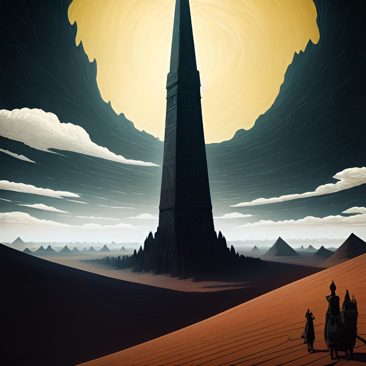 black tower rising to the sky in a vast desert. made of smooth obsidian. egyptian like. the desert flows like water around it. preview