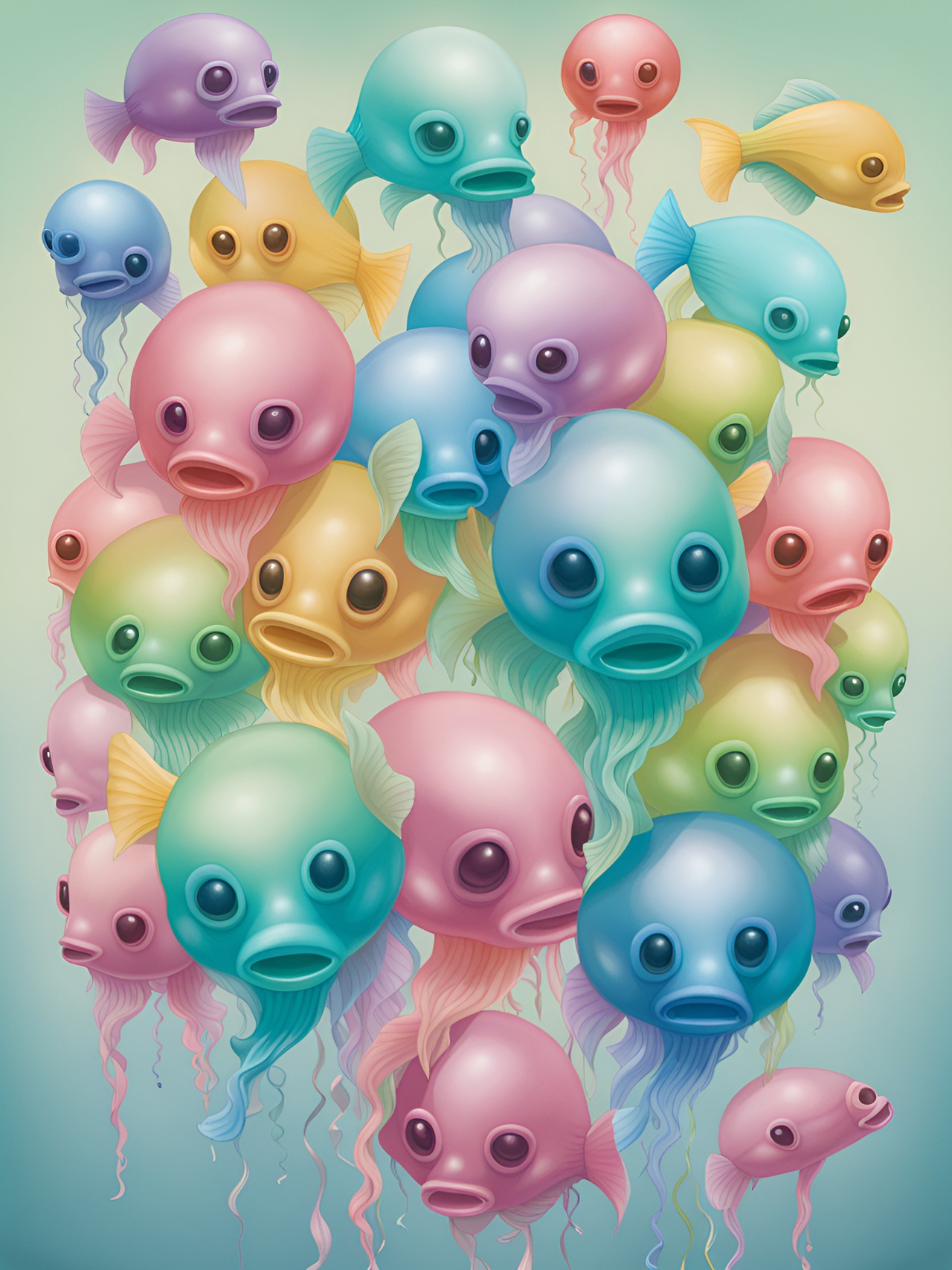 isometric gradient rainbow gummy fish skeleton swimming with variety shaped pastel rainbow balloons, mark ryden art style, large glossy eyes, pop surrealism, avant-garde, beth cavener artstyle, highly textured  whimsical, excellent composition, fix everything, highly detailed portrait, idealation, bob doucette artstyle preview