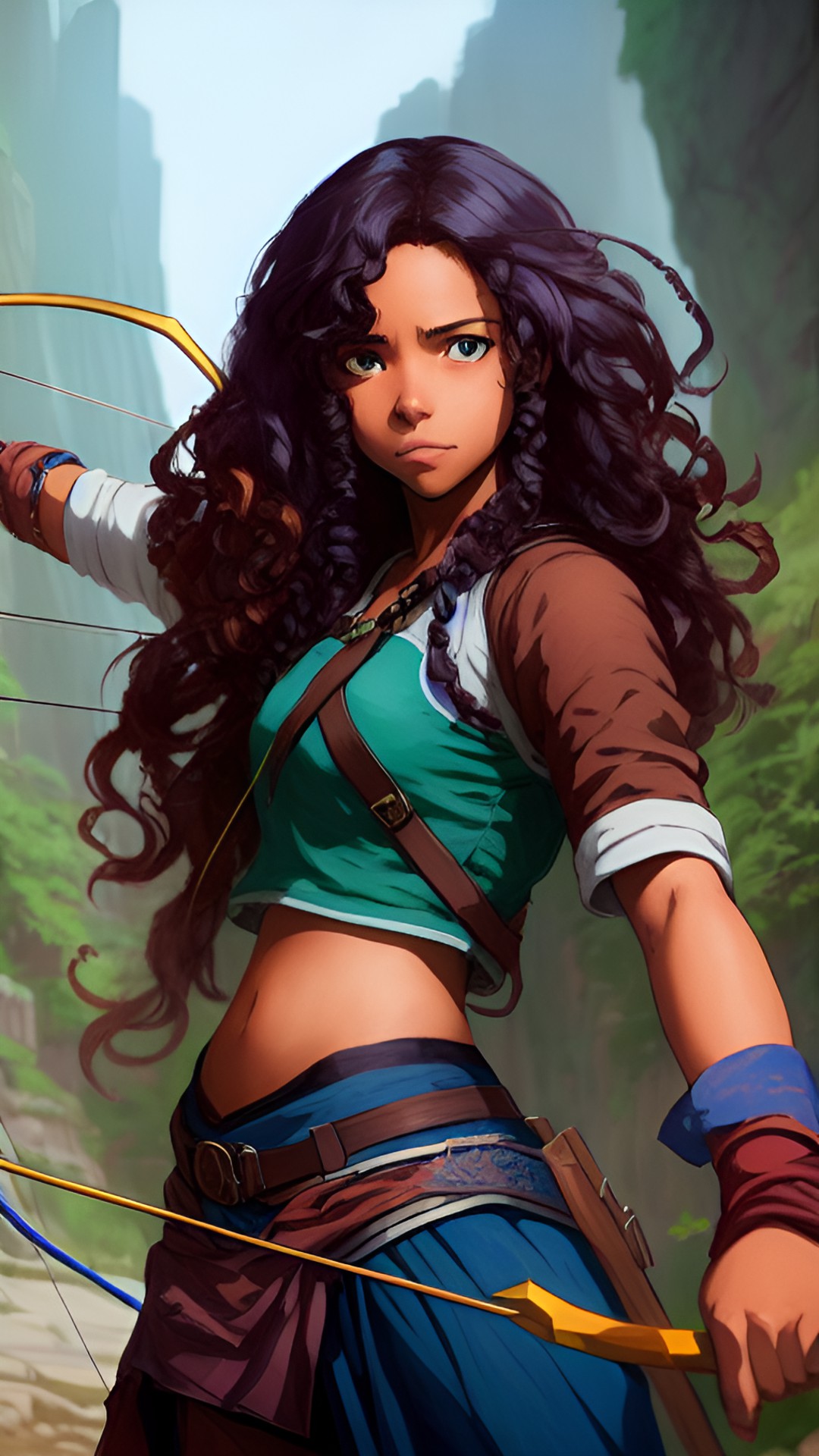 fantasy setting. woman with long curly brown hair, brown skin, blue eyes, wearing ragged clothes. she has a bow and arrow on her back. she has a determined expression. preview