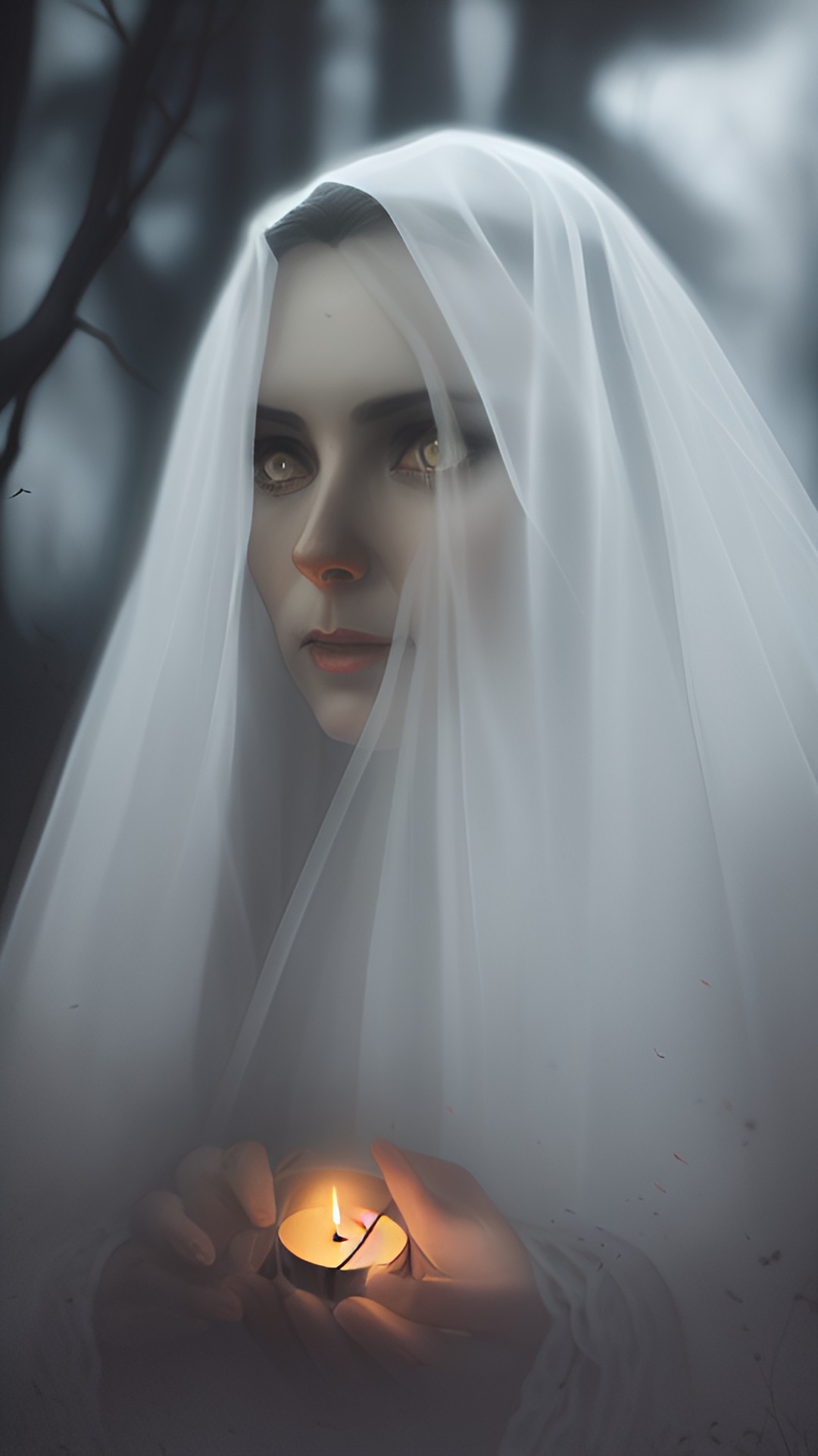 drowned bride - ghost bride woman holding a candle, woods, october, dark, halloween, death preview