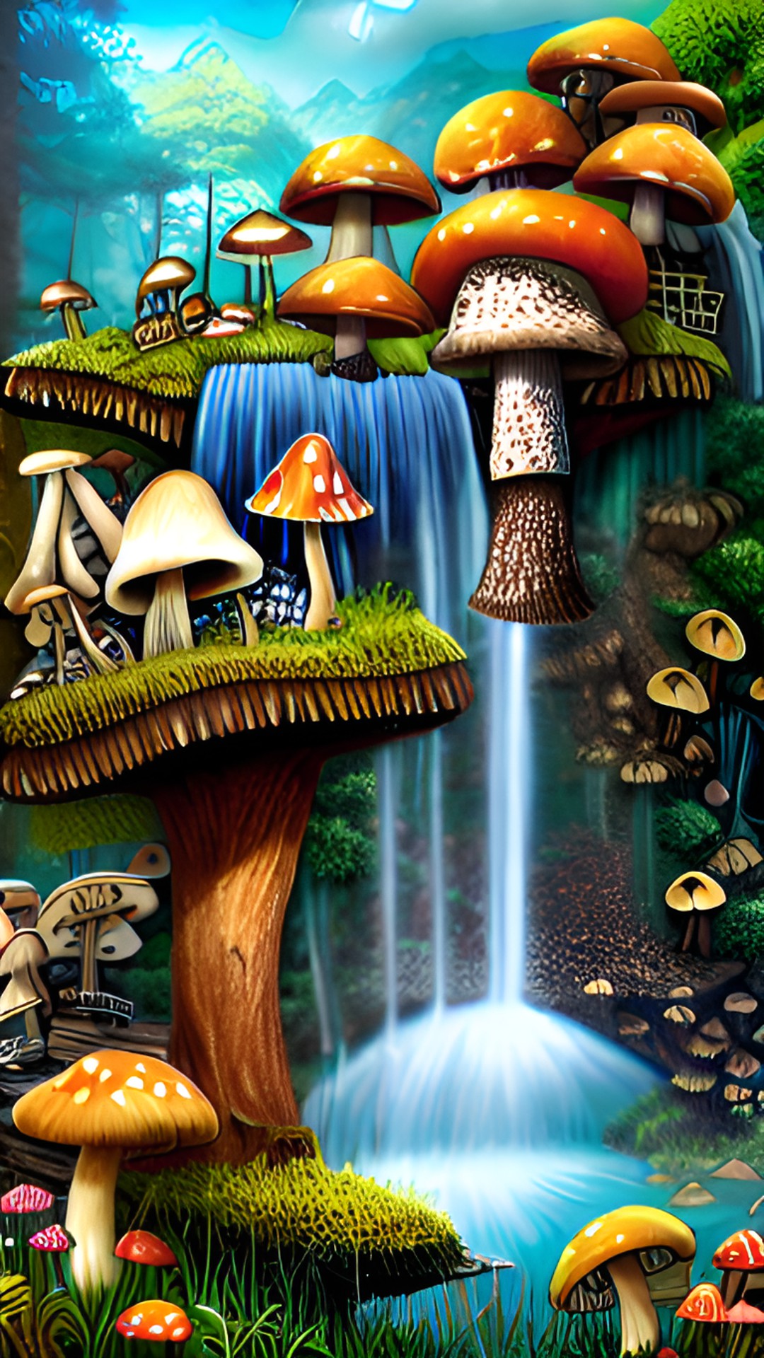 the land of fungi - a fungi and mushroom mountain with a waterfall preview